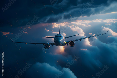 Airplane jet approach at the airport landing in bad weather storm hurricane rain llightning strike, against the backdrop of sunlight sunset. Generative AI photo