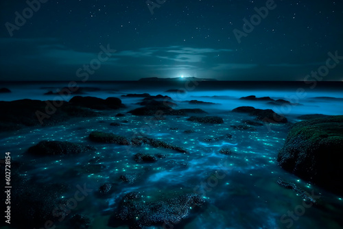 Beautiful blue sea night landscape. Nature. Selective focus. Generative AI