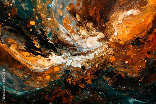 Abstract background, colorful stains, liquid splashes in brown and gold colors. Pattern. Generative AI