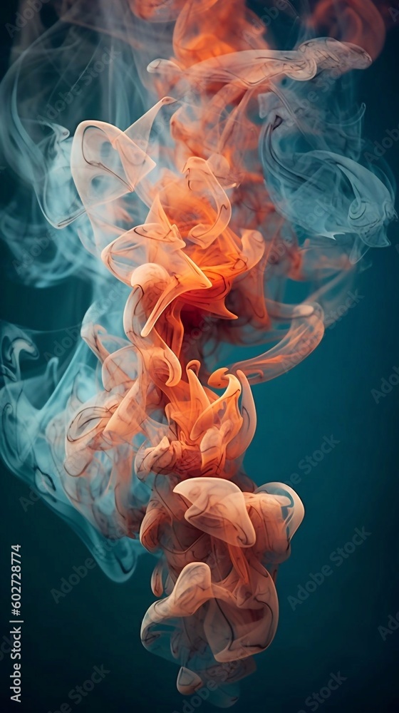 Fototapeta premium Orange smoke on blue background, colorful fog with AI generation