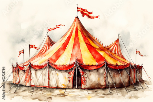 Watercolor bright circus tent. Circus marquee, area , bright colour, old paper. Generative AI.