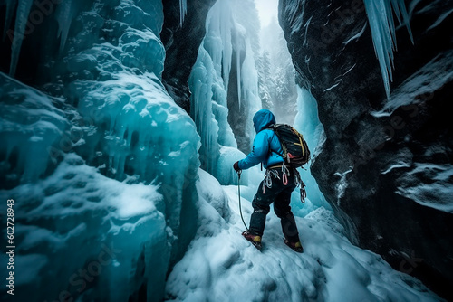 An ice climber climbs a frozen mountain peak, gets out of a hole with ice axes and special equipment. Illustration of an extreme sport.