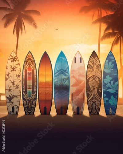 Surfboards on sea beach and palm trees background. Toned image.  AI generated