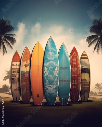 Surfboards on sea beach and palm trees background. Toned image. AI generated