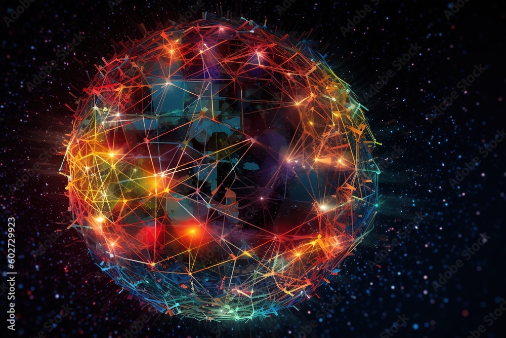 Obraz premium A vibrant, abstract representation of digital transformation. Interconnected data flows, glowing tech symbols, and hands reaching towards a bright future.