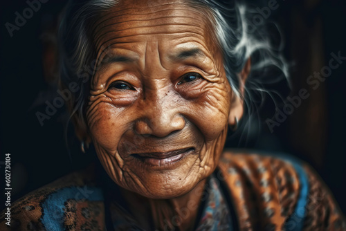 Smiling elderly asian woman with natural gray hair. Generative AI illustration