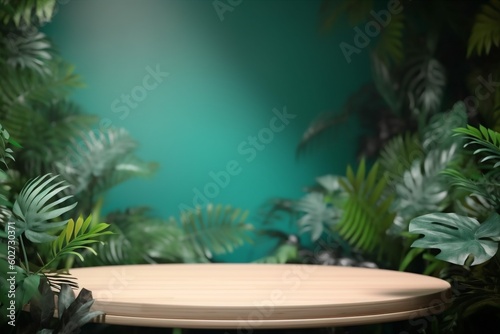 podium leaf green design wooden platform up space palm color mock. Generative AI.