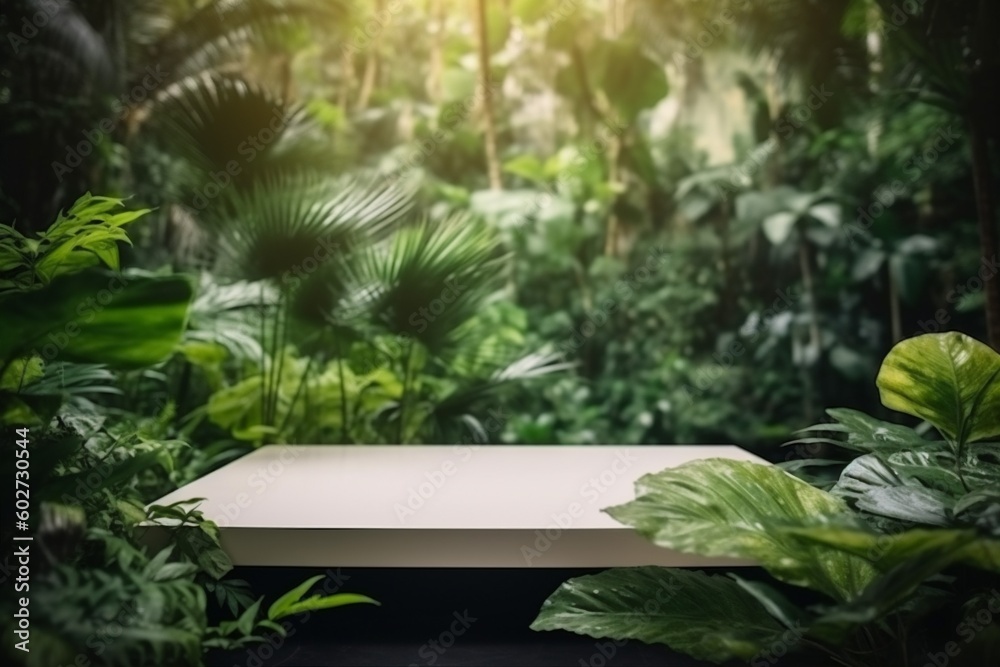 podium design space up platform mock wooden palm color green leaf. Generative AI. podium design space up platform mock wooden palm color green leaf. Generative AI.