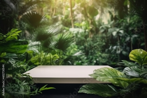 podium design space up platform mock wooden palm color green leaf. Generative AI.