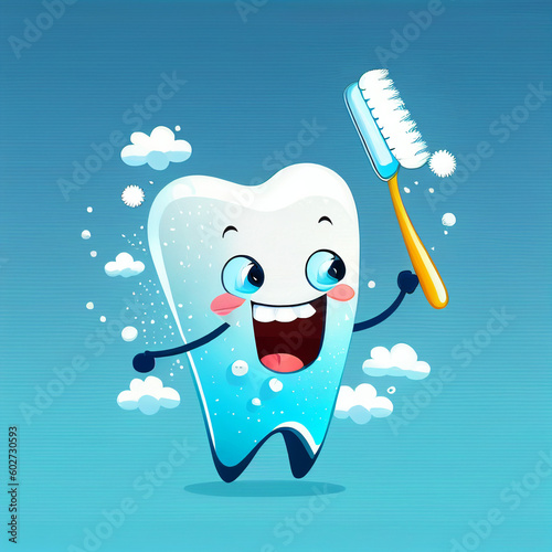 Dente sorridente segurando uma escova de dente em um fundo azul - ai generativa