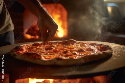 Close-up of chefs cooking pizza in front of the traditional oven with Ai Generated.