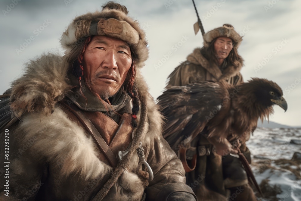 two people with a sword riding a horse Traditional Mongolian eagle hunter. Generative Ai 