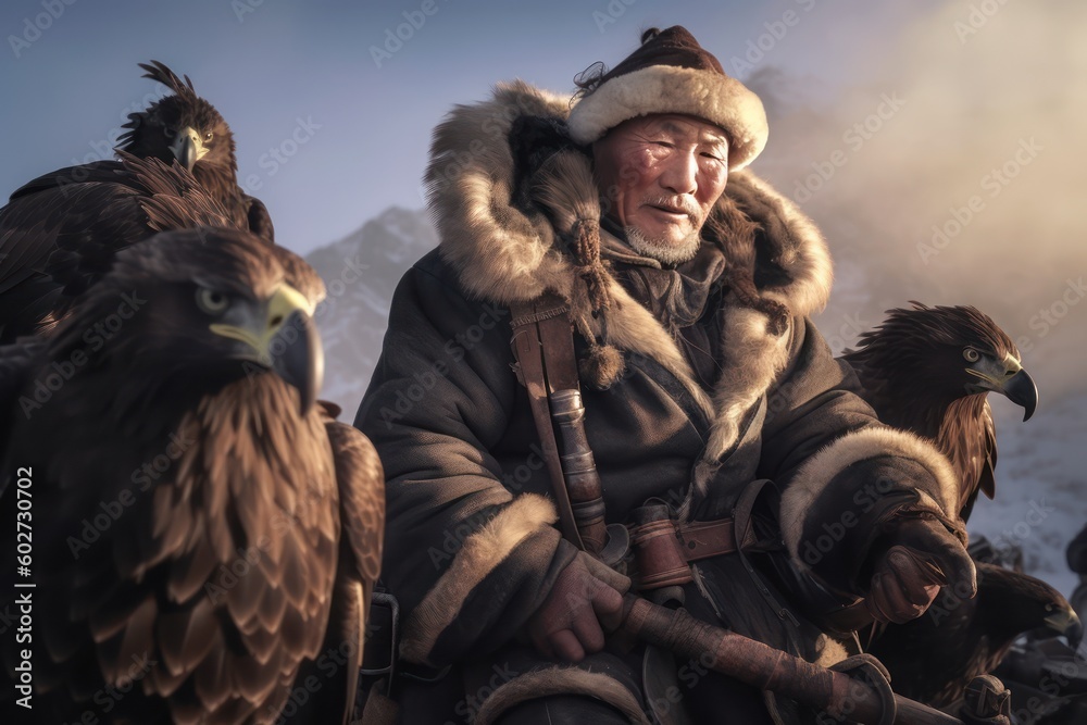 Fototapeta premium group people of Traditional Mongolian eagle hunters. Generative Ai