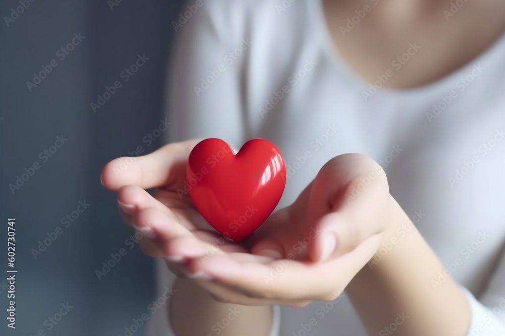 woman hold valentine support donor red love health cardiogram care hand. Generative AI.