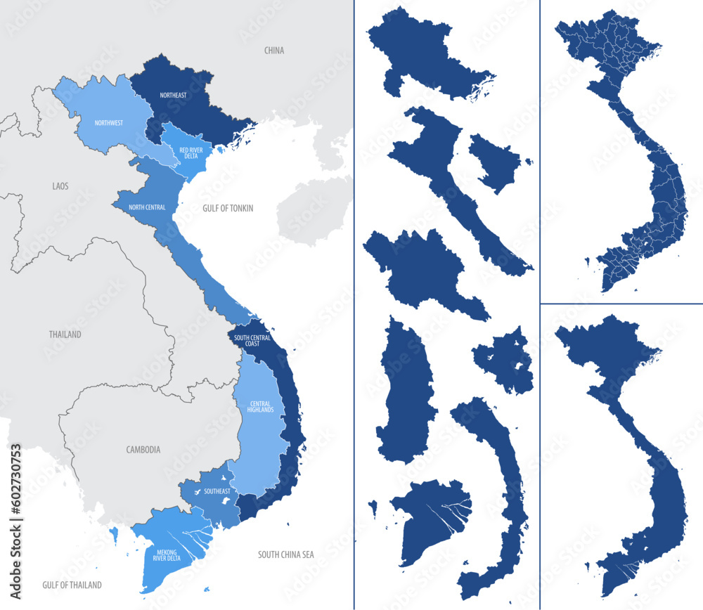 Detailed vector blue map of Vietnam with administrative divisions into
