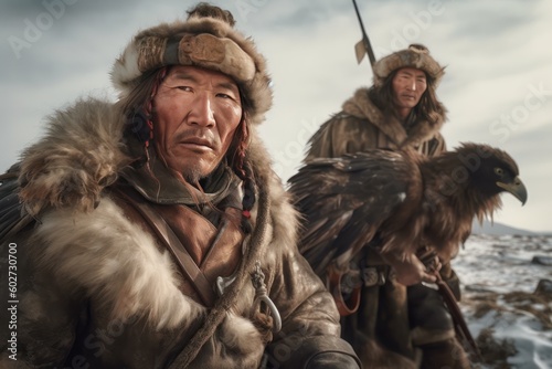 two people with a sword riding a horse Traditional Mongolian eagle hunter. Generative Ai 