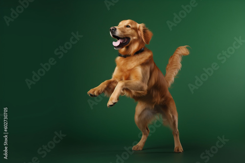 Happy dog ​​jumping on a green background. Great concept for banners for petshops and virtual stores in the pet niche. Generative AI