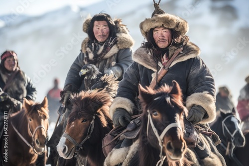 group of people riding a horse Traditional Mongolian eagle hunter. Generative Ai 