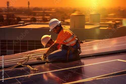 Wallpaper Mural workers at work working on the solar rooftop. Generative Ai Torontodigital.ca