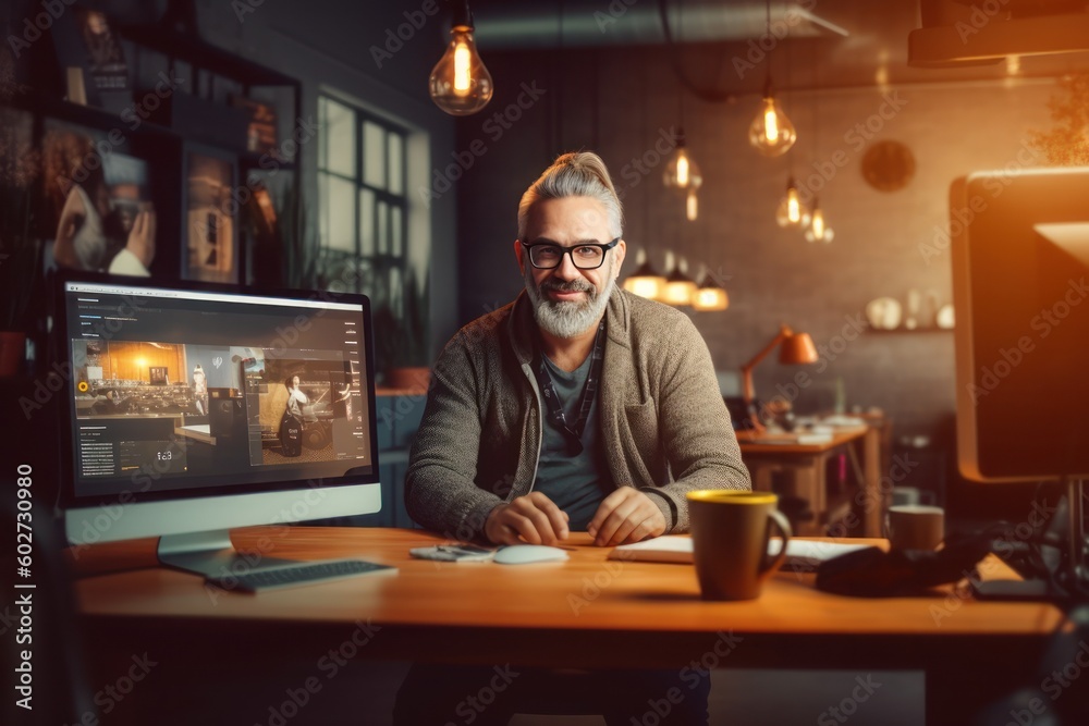 Content creator man sitting in cafe smiling with Ai Generated Content creator man sitting in cafe smiling with Ai Generated