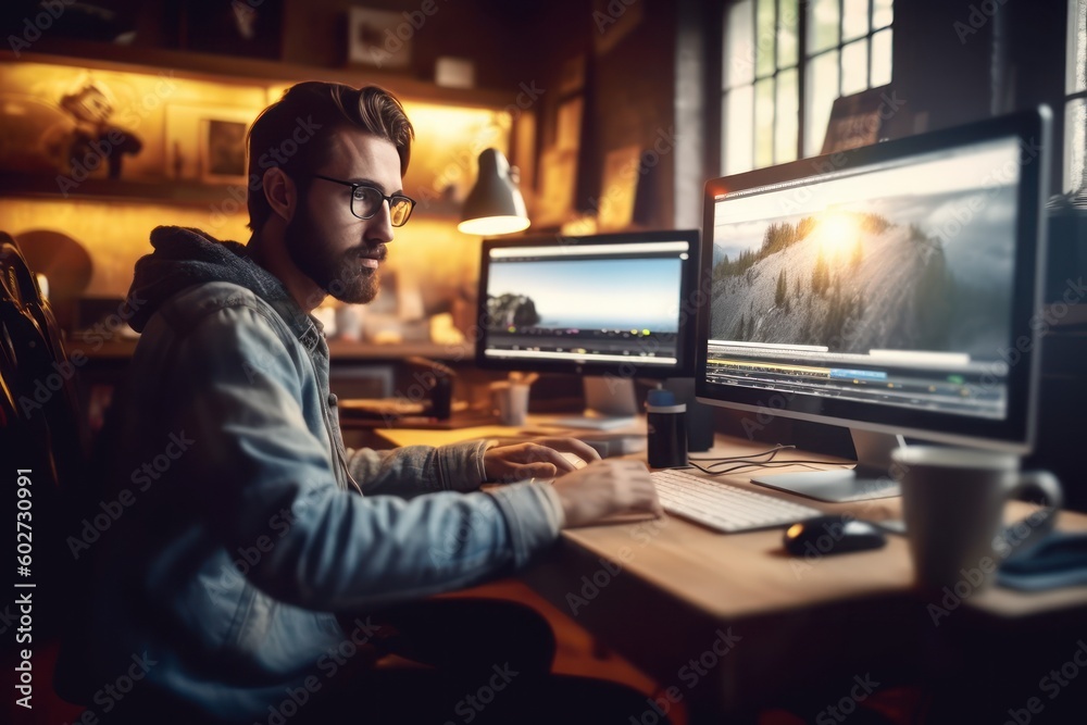 Creator man working on the laptop computer with Ai Generated