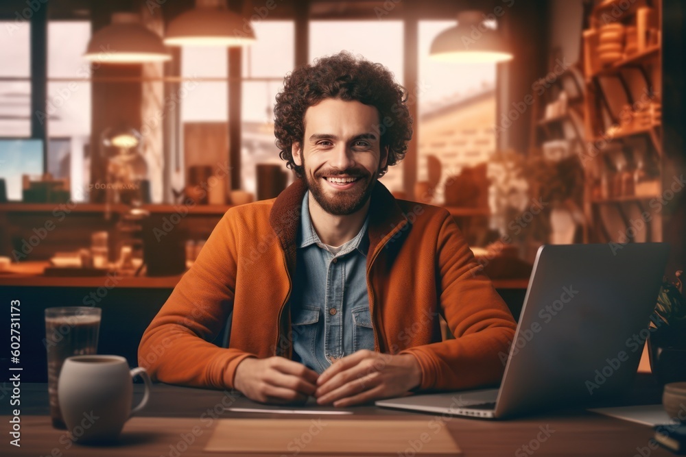 Freelance businessman using a laptop in cafe with Ai Generated Freelance businessman using a laptop in cafe with Ai Generated