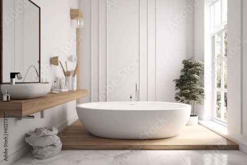 home white interior luxury architecture bathtub wood bathroom modern house cabinet. Generative AI.