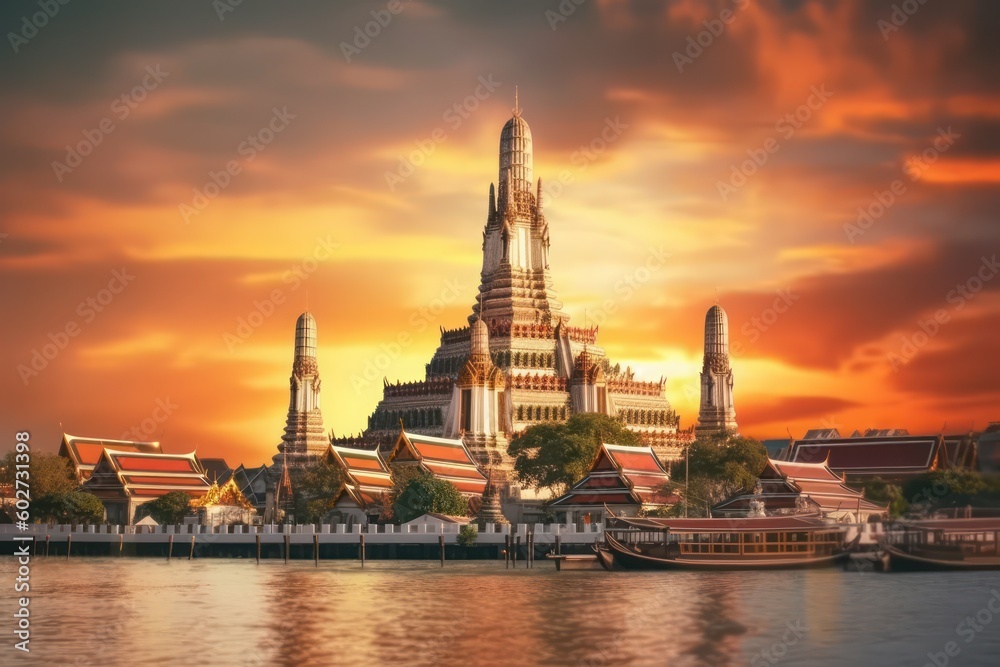 Fototapeta premium Sunset Wat Arun Ratchawararam Ratchaworamahawihan, Bangkok, Thailand, on the banks of the Chao Phraya River with Ai Generated