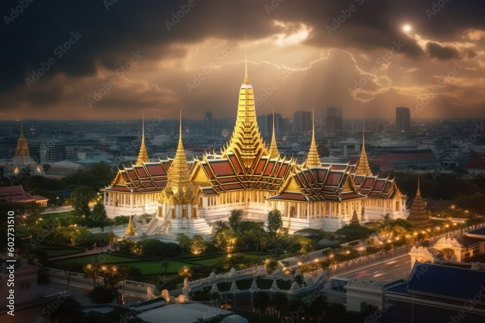 Wat Phra Kaew Bangkok, Thailand storm thunder clouds temple at night with Ai Generated