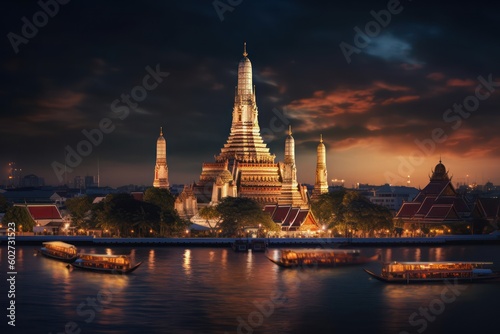 Wat Arun Ratchawararam Ratchaworamahawihan Bangkok, Thailand at the river and the city with Ai Generated
