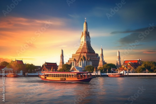 Wat Arun Ratchawararam Ratchawaramahawihan Buddhist temple in Bangkok, Thailand with Ai Generated photo