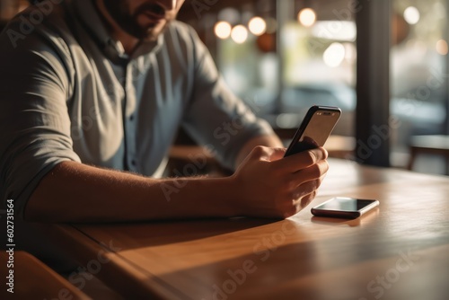 The person using a mobile phone in the cafe with AI Generated