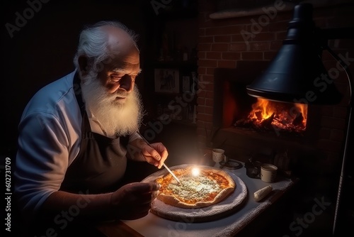 Beautiful long white bearded Italian chef making pizza in the front traditional oven with Ai Generated