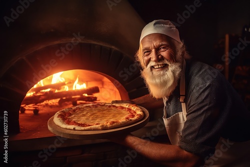 Mature male smiling making pizza at the front oven Italian style with Ai Generated.