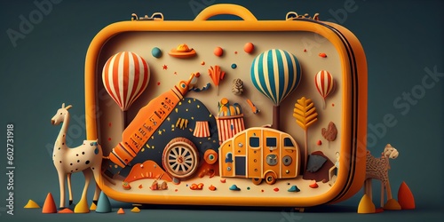 Magic suitcase. Circus, amusement park. Fantasy.