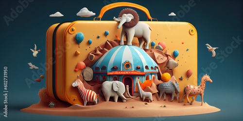 Magic suitcase. Circus, amusement park. Fantasy.