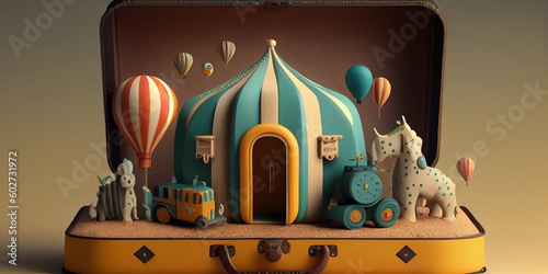 Magic suitcase. Circus, amusement park. Fantasy.