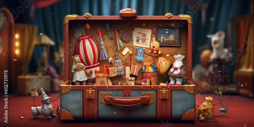 Magic suitcase. Circus, amusement park. Fantasy.