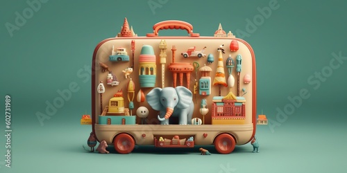 Magic suitcase. Circus, amusement park. Fantasy.