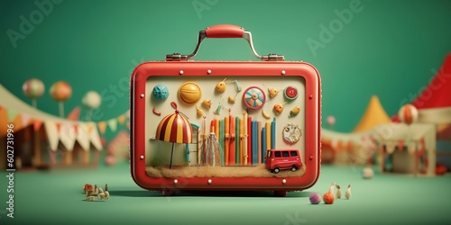 Magic suitcase. Circus, amusement park. Fantasy.
