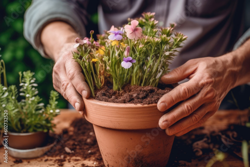 Gardener hands taking pot with blooming flowers. Generative AI.