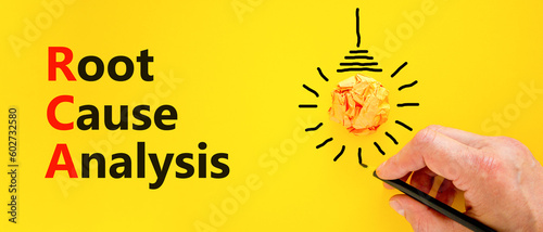 RCA root cause analysis symbol. Concept words RCA root cause analysis on yellow paper. Beautiful yellow table yellow background. Business and RCA root cause analysis concept. Copy space. photo