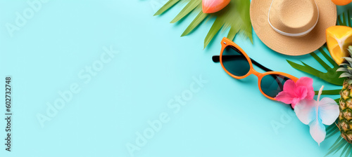  fondo turquesa con un Sombrero de paja veraniego ,gafas de sol naranjas y hojas de palmera . concepto de vacaciones de verano