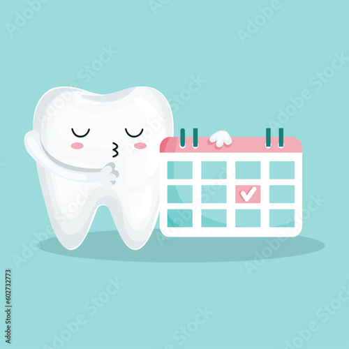 Cute cartoon tooth character with appointment sign up sheet. Vector kawaii style illustration. Good for website, design, social media. Stomatology, dental concept. Tooth icon.