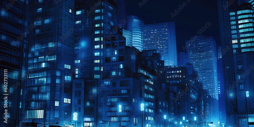 Obraz premium Night city. Cityscape. Blue, azure buildings. Generative AI. 
