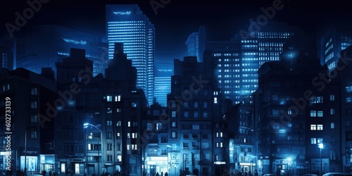 Night city. Cityscape. Blue, azure buildings. Generative AI.  © colacino.art