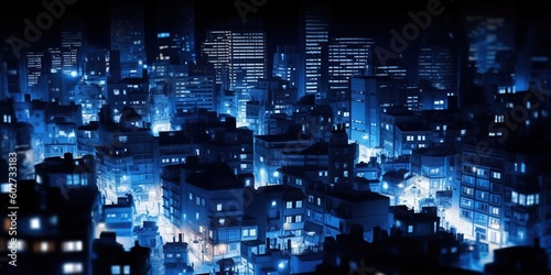Night city. Cityscape. Blue, azure buildings. Generative AI. 