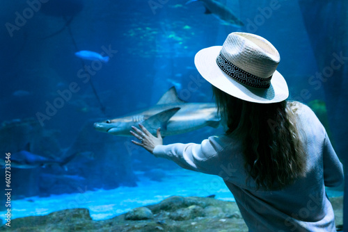 Photography A young woman touches a stingray fish in an oceanarium tunnel