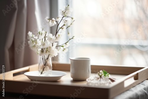 Spring still life composition. Greeting card mockup on wickered tray, cup of coffee. Feminine styled photo. Floral scene with blurred white cherry tree blossoms on bench near window. Selective focus photo