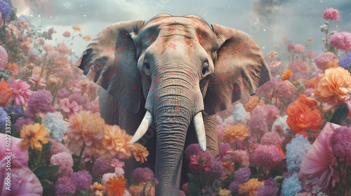Elephant Surrounded by Beautiful Flowers in a Muted Pastel Aesthetic with Surrealism Elements - Dreamy Background - Generative AI